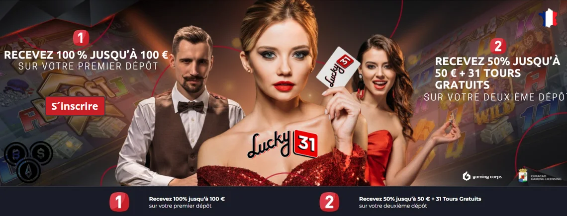 Bannière de bienvenue Lucky31, bonus 1er et 2e dépôt