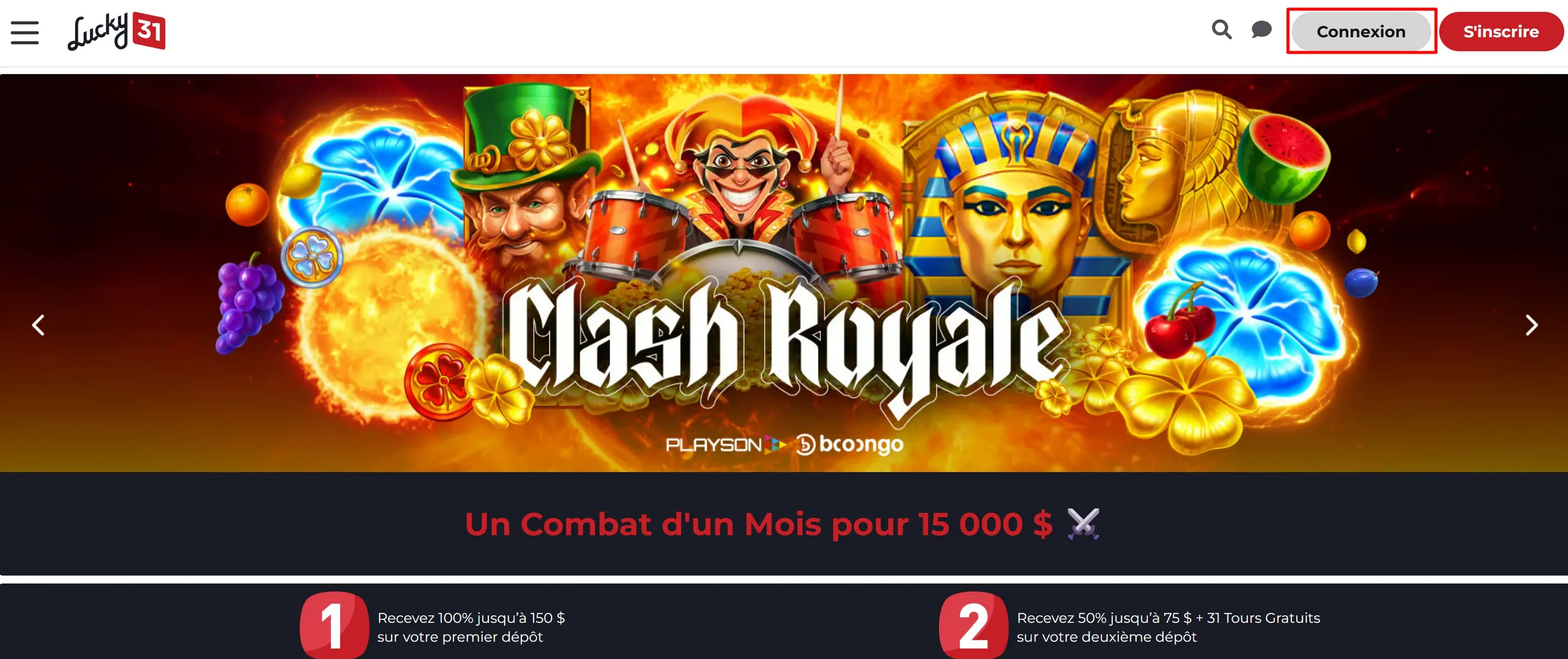 Page d'accueil Lucky31 Casino avec bouton de connexion